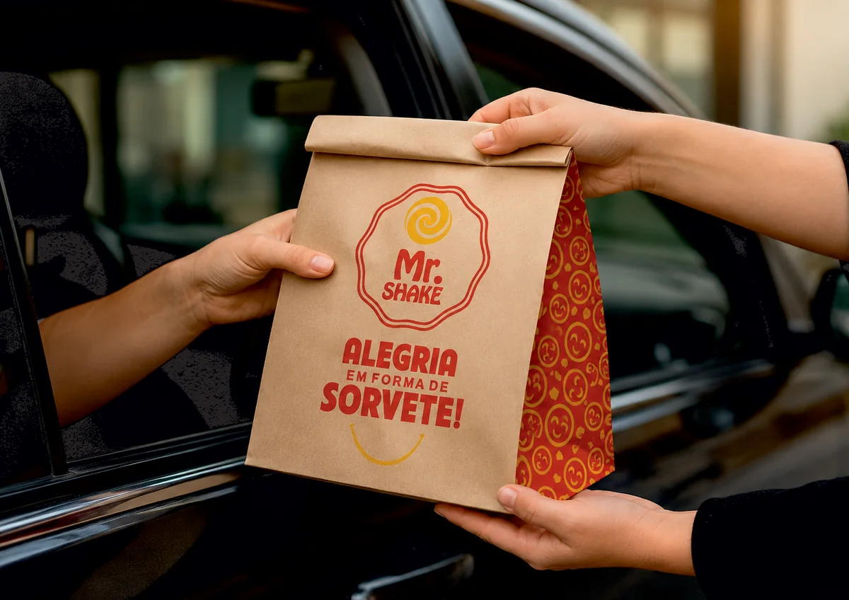 Entrega de saco kraft personalizado Mr. Shake pela janela do carro